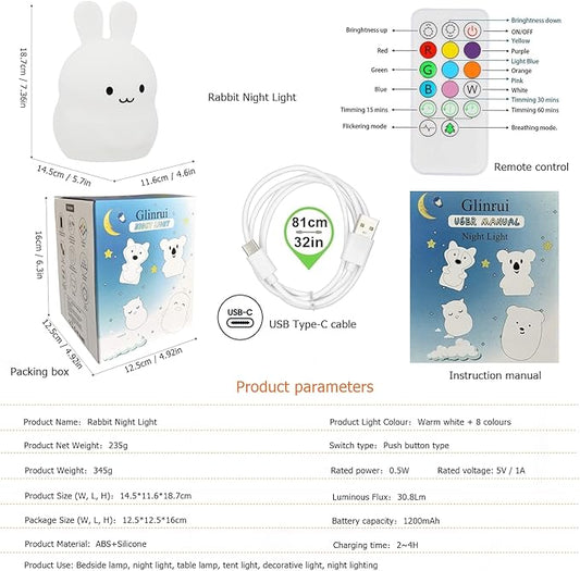 Large Rabbit Night Lights for Kids in Silicone, 9 Colors Baby Bedroom Lighting Children Bedside Table Lamps for Toddlers/Boys/Girls/Adults/Bedroom/Student/Elder/Bathroom/Outdoor - Large