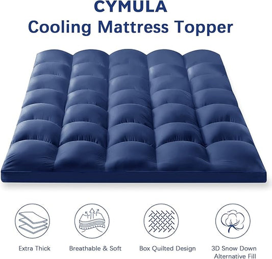 CYMULA Full Bed Mattress Topper, Navy Cooling Mattress Pad Cover, Thick Full Size Pillow Topper Soft with Deep Pockets, Washable Plush Down Alternative Fill Mattress Protector