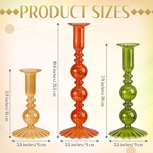 Mumufy 3 Pcs Thanksgiving Glass Candlestick Holders Thanksgiving Ball Shaped Glass Taper Candle Holder Amber Olive Honey Gold Fall Candle Stick Vase Decor for Holiday(5.9, 7.9, 10 inch,Vivid)