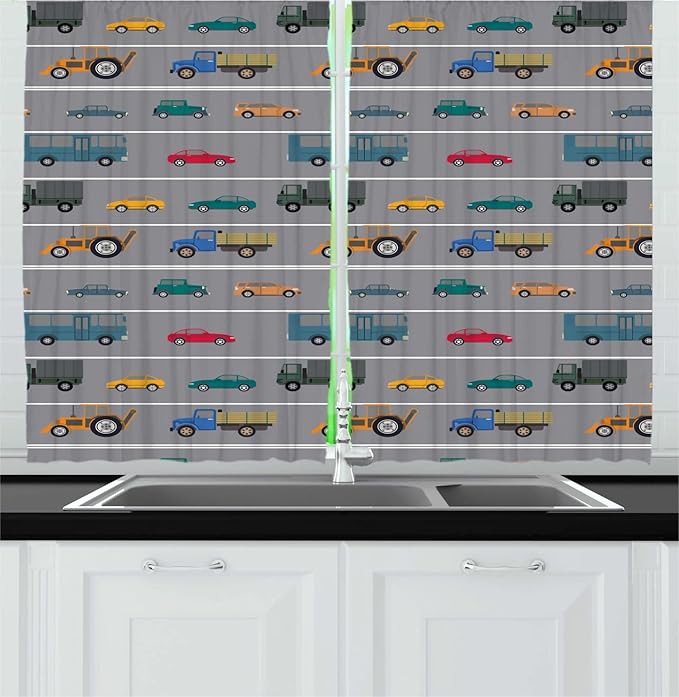 Lunarable Transportation Long Kitchen Curtains, Pattern of Horizontally Driven Vehicles Cars Trucks Buses Road Vibes, 2 Panel Set Drapes with Rod Pocket Room Decor, 55" x 45", Dimgray Multicolor