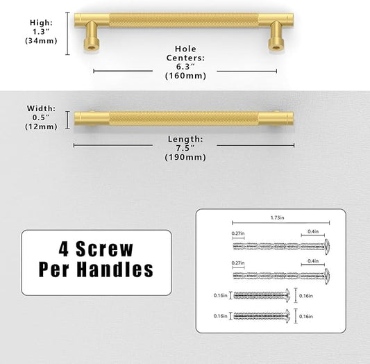 10 Pack Brushed Gold Knurled Cabinet Pulls 6.3 Inch(160mm) Kitchen Cabinet Handles Solid Zinc Alloy Cabinet Hardware Drawer Pulls