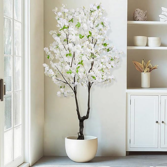 Faux Cherry Blossom Tree Artificial White Flowering Trees Fake Cherry Blossom Decorative Tree 6FT Indoor Japanese Decor for Home