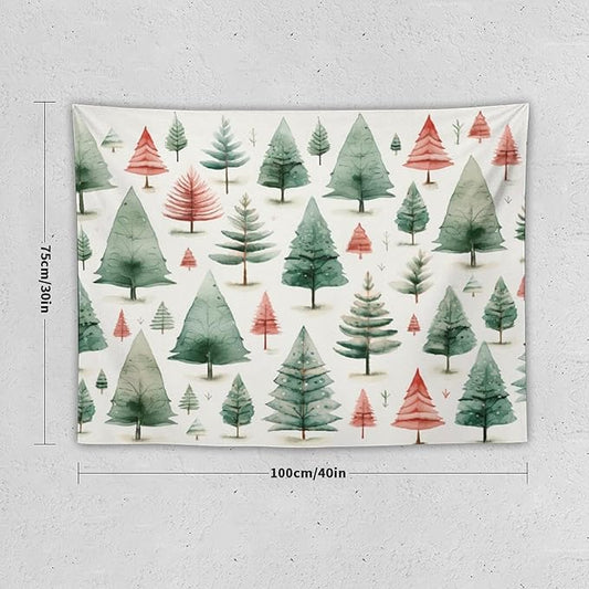Vintage Christmas Tree Watercolor Tapestries Winter Christmas Wall Hanging Wall Tapestry Aesthetic Landscape Tapestry Wall Decor for Bedroom Living Room Dorm 30"x40" Christmas Family Party