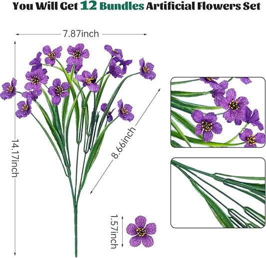 Lnoicy 12 Pcs Artificial Flowers for Outdoor,Plastic Flowers Decoration, UV Resistant Faux Flowers Shrubs, Artificial Plants for Indoor Outside Garden Home Wedding Farmhouse(Purple)