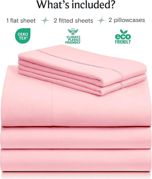 LuxClub 5 PC Sheet Set Bed Sheets Deep Pockets 16" Eco Friendly Wrinkle Free Cooling Machine Washable Hotel Bedding Silky Soft - Baby Pink Split King