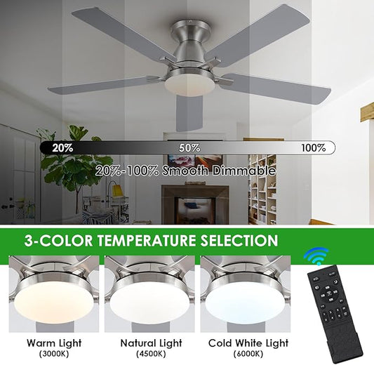 Ceiling Fans with Lights, 52" Flush Mount Ceiling Fan with Light and Remote/APP Control, Low Profile, Modern Ceiling Fan Reversible, Dimmable, Noiseless, Ceiling Fan for Bedroom,Brushed Nickel