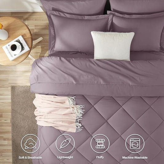 CozyLux King Size Comforter Set Dusty Purple - 7 Pieces Bed in a Bag King, Soft Bed Set for All Seasons, Bedding Set with Down Alternative Comforter, Sheets, Pillowcases & Shams, Grayish Purple