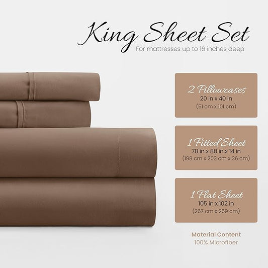 Linen Market Brushed Microfiber King Sheet Set 4 Piece – Oeko-TEX Certified Ultra Soft & Wrinkle-Free - 16" Deep Pocket Sheets - Easy Care King Size - Taupe