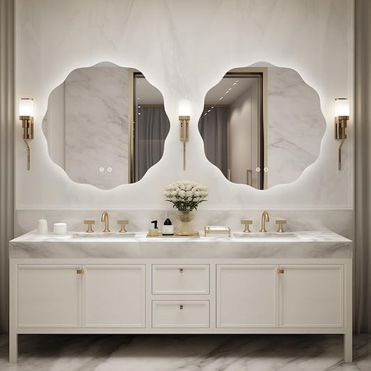 WallBeyond LED Bathroom Mirror with Lights, 28'' Wavy Round Light Up Bathroom Mirror, Anti Fog Led Mirror for Bathroom, 3 Colors and Dimmable Light