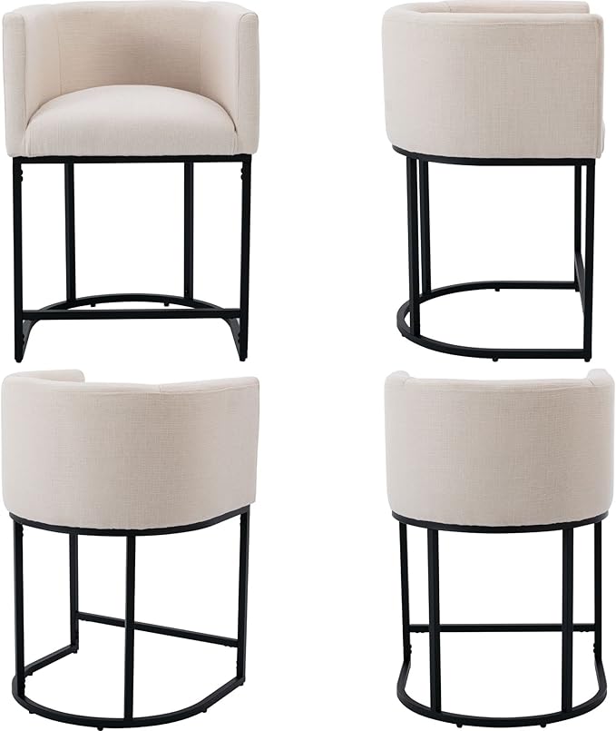 Modern Counter Height Linen Upholstered Bar Stool, 24" Kitchen Counter Island Stool Bar Chairs with Black Metal Frame for Kitchen Island, Cream