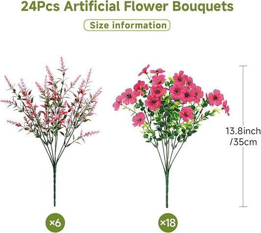 SHareconn 24 Bundles Artificial Flowers for Outdoors Decoration, Faux Plants Fake Silk Colorful Daisy Eucalyptus Lavender, UV Resistant for Outside Home Porch Patio Indoor Spring Decor, Rosered