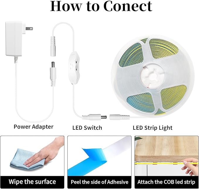 iNextStation COB LED Strip Light White 6000k 16.4FT 5M DC12V CRI 93+ Dimmable Flexible LED Tape Lights for Bedroom, Kitchen, TV Backlight, Cupboard, Wardrobe, Home Lighting Decor