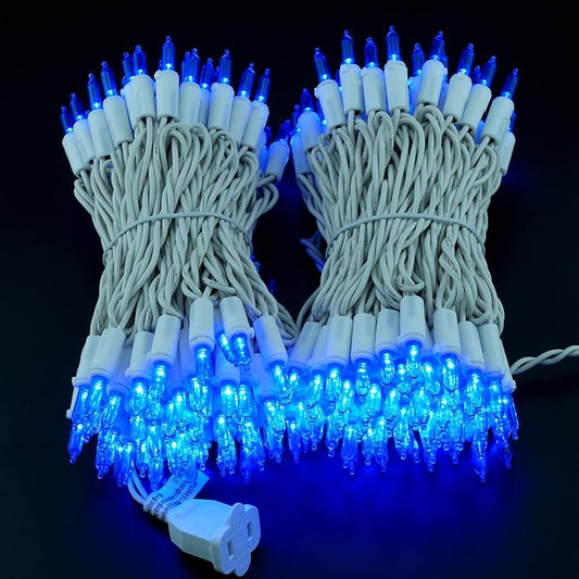 YULETIME 200 Blue LED Christmas Lights with White Wire, Pack of 2 Strands 33 Feet 100 Lights UL Certified Holiday String Light Set
