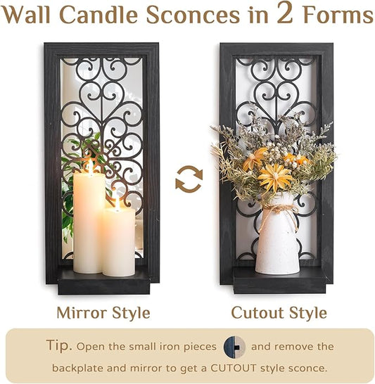Gothic Candle Sconces Mirror Wall Decor - Black Halloween Art Mirrored Wall Candle Holder Decorative Set of Two Wood Vintage Small Hanging Shelves for Farmhouse Living Room Kitchen Bedroom