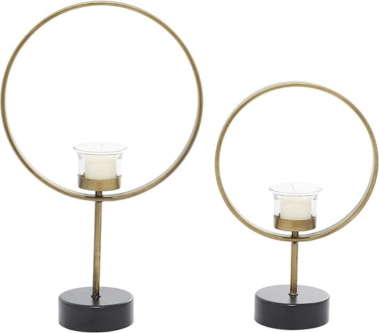 Deco 79 Metal Decorative Candle Holder Circular Votive Candle Stand, Set of 2 Candlestick Holder 15", 11"H, Gold