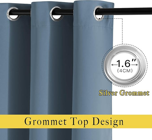 NICETOWN Smoky Blue Curtains 110 inches Long, Grommet Thermal Insulated Blackout Curtains Privacy Window Treatments Sound Reducing for Bedroom/Living Room, W66 x L110, 2 Panels