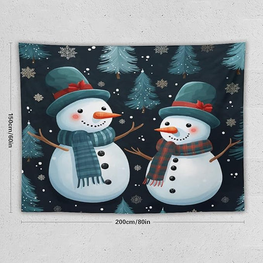 MaSiledy Tapestry Snowman Couple Tapestry Aesthetic Winter Snowflake Cute Cartoon Funny Snowman Wall Tapestries Wall Art Home Decoration for Bedroom Living Room Dorm Landscape 60"x80"