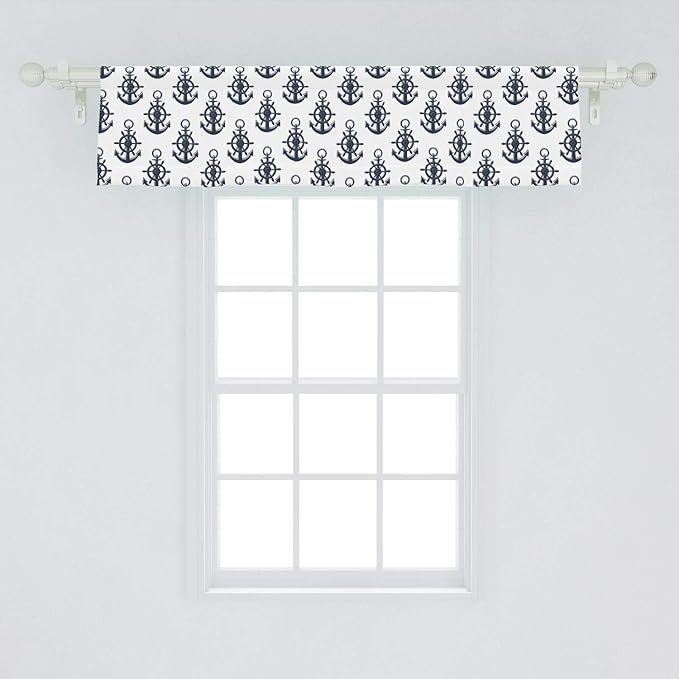 Lunarable Vintage Nautical Tattoo Window Valance, Sea Anchor Maritime Monochrome Simplistic Pattern, Curtain Valance for Kitchen Bedroom Decor with Rod Pocket, 54" X 12", Blue White