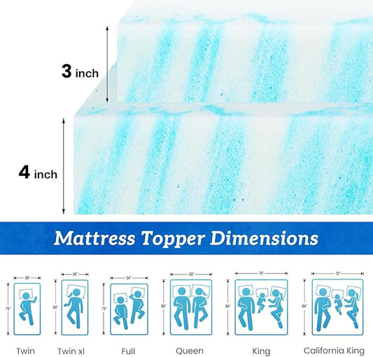 Sweetcrispy Mattress Topper Full, 3 Inch Thick Memory Foam Gel Infused Cooling Toppers Pad for Full Size Bed, Sleeper Sofa, RV, Camper, CertiPUR US Certified, Ventilated and Breathable, Blue