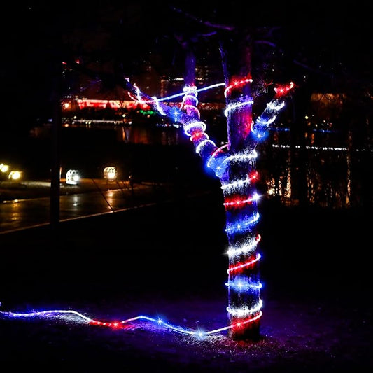 50ft 360 LED Waterproof Rope Lights, 110V Connectable Indoor Outdoor Led Rope Lights for Deck, Patio, Pool, Camping, Bedroom Decor, Landscape Lighting and More (RED+White+Blue)
