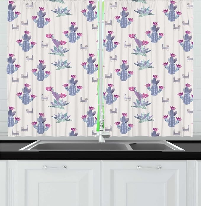 Lunarable Succulents Long Kitchen Curtains, Cactus with Flowers Cartoon Style Cats, 2 Panel Set Drapes with Rod Pocket Room Decor, 55" x 45", Ceil Blue Pale Fuchsia Pale Eggshell Dark Sea Green
