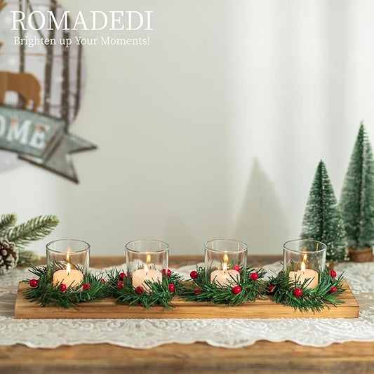 Christmas Candle Holder for Table Centrepiece Decoration: Romadedi Rustic 4 Tealight Holders with Mini Christmas Wreaths Wooden Tray for Xmas Winter Dinner Table Home Decor Gift 16.5 Inches