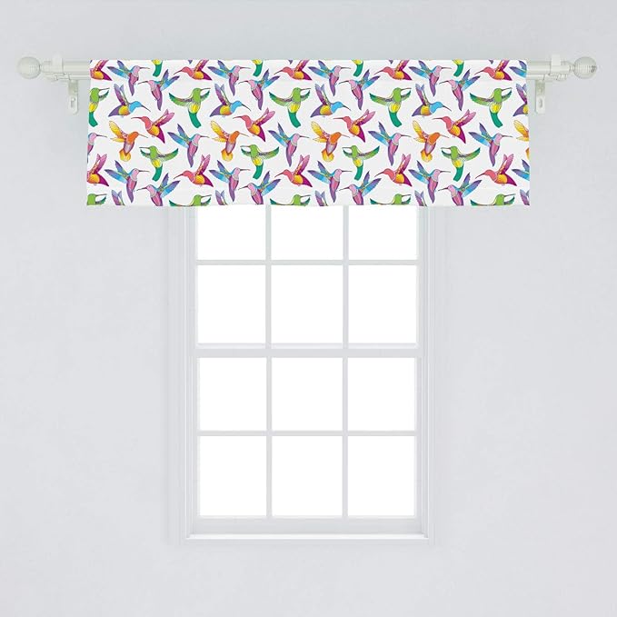 Lunarable Hummingbird Window Valance, Colorful Summer Cartoon Birds Exotic Fauna Design Colibri Pattern Illustration, Curtain Valance for Kitchen Bedroom Decor with Rod Pocket, 54" X 18", Lilac Green