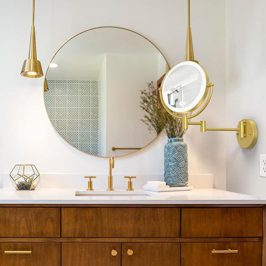 Make up Mirror Wall Mounted Lighted 10X Magnifying Hard Wired, Double Sides 3 Color Lighting Touch Dimming 360 Swivel Extended Arm Shaving Mirror for Bathroom, Brushed Gold