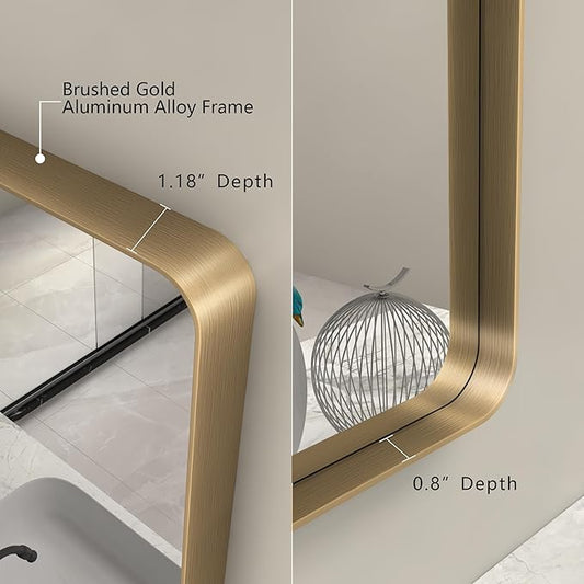 30x36 Gold Mirror for Bathroom, Brushed Gold Metal Framed Mirror for Vanity, Rectangle Wall Mouted Mirror, Rounded Corner, Shatterproof, Anti-Rust (Horizontal/Vertical)