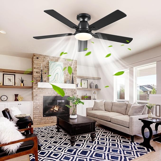 Ceiling Fans with Lights- 52" Low Profile Indoor Ceiling Fan with Light and Remote/APP Control, Flush Mount, LED Dimmable DC Reversible Modern Ceiling Fan for Bedroom(Black)
