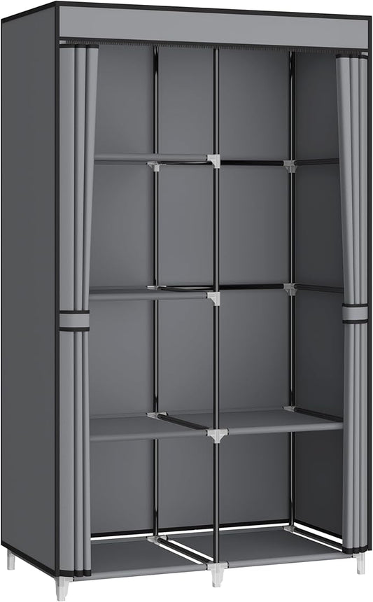 35 Inch Portable Wardrobe Closet for Small Room, Clothing Organizer Storage Rack with Non-Woven Fabric Cover, 1 Clothes Hanging Rod, 6 Storage Shelves, Grey
