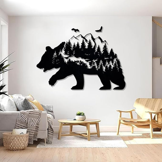 Metal Bear Wall Decor, Mountain And Forest Metal Wall Art, Nature Landscape Decor, Bear Wall Art, Metal Mountain Range, Scandinavian Decor, Large Metal Art Wall Decor, Housewarming Gift (26"x41"|67x105cm, Black)
