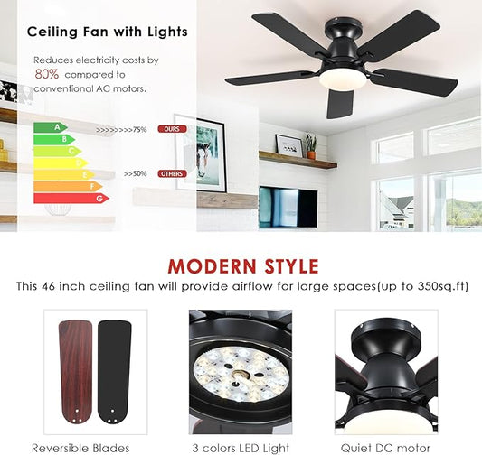 Ceiling Fans with Lights- 46" Low Profile Indoor Ceiling Fan with Light and Remote/APP Control, Flush Mount, LED Dimmable DC Reversible Modern Ceiling Fan for Bedroom(Black)