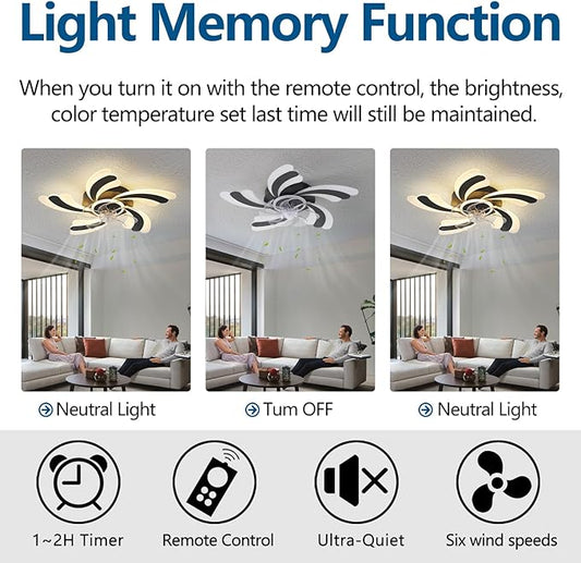 Ceiling Fan with Lights Remote Control, Black Modern Ceiling Fan with Light, 3 Light Color 6 Speeds Low Profile Flush Mount Ceiling Fan for Kitchen Bedroom Living Room