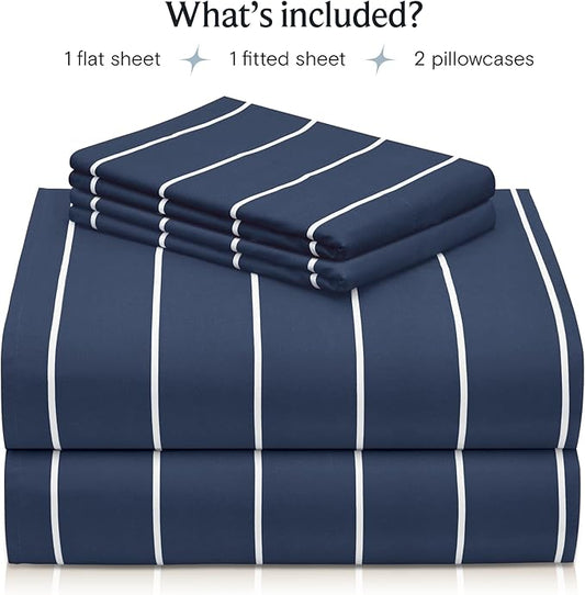 LuxClub 4 PC Full Size Sheet Set Bed Sheets, Breathable Luxury Deep Pockets Wrinkle Free Cooling Sheets Machine Washable Hotel Bedding (Full, Striped Navy)
