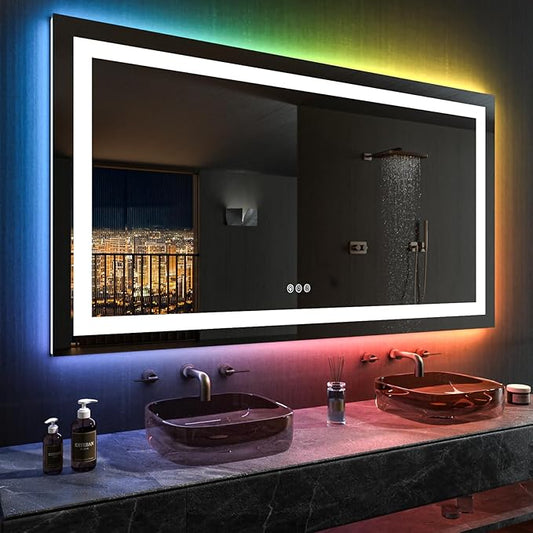 LOAAO 60”X30“ RGB LED Bathroom Mirror with Lights for Bathroom, Anti-Fog, Dimmable,Multiple Light Modes, RGB Backlit + Front Light, Memory Function, Tempered Glass