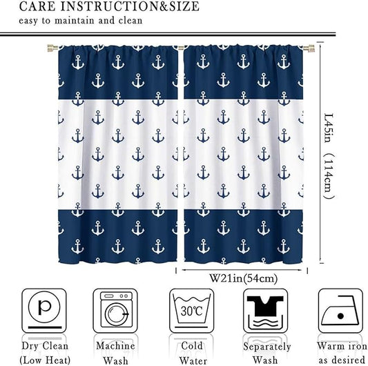 Anchor Pattern Curtains, Nautical Theme Navy Blue White Anchor Sea Life Adventure Print Blackout Window Treatments for Living Room Boys Men's Bedroom 42x45 Inch