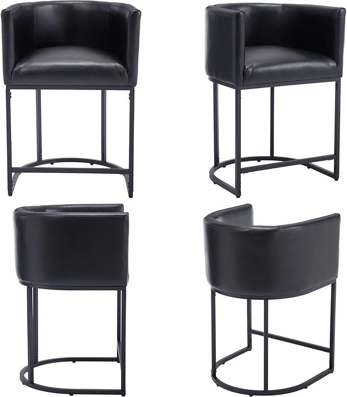 Modern Counter Height PU Leather Upholstered Bar Stools Set of 2, 24" Kitchen Counter Island Stools Bar Chairs with Black Metal Frame, Black