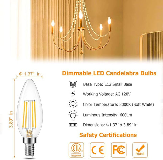 Cotanic E12 Base 3000K LED Light Bulbs Dimmable, Soft White Candelabra LED Bulbs 60W Equivalent, Candle Shape Type B Light Bulbs for Chandelier, Decorative LED Filament Clear Glass, 600LM, 6 Pack