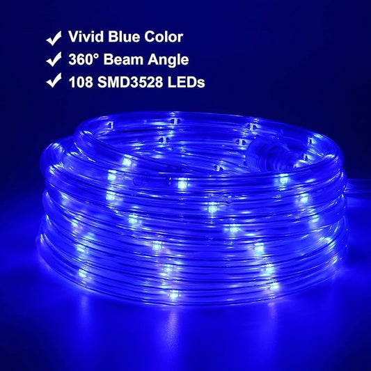 Blue LED Lights, 16ft Rope Lights, Connectable and Flexible Blue Strip Lighting, High Brightness 3528 LEDs with Clear PVC Jacket, Waterproof Weatherproof for Indoor Outdoor Use