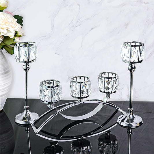 3 Arms Crystal Candle Holders, Arch Candlestick Table Candelabras Centerpieces for Wedding, Dinning Room, Cabinet Ornaments, Home Decoration, Gift (3-arm Arched Set, Silver)