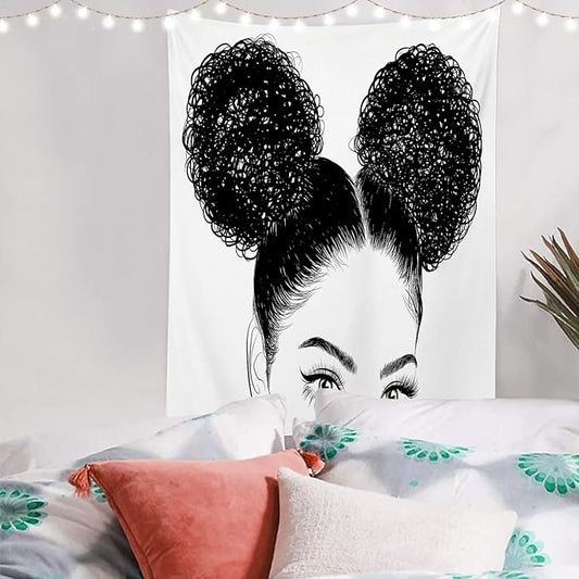 Batmerry Black American Afro Tapestry, White Graphic Woman Wall Art Hanging Decoration Polyester Fiber White Ruffled Around for Dorm Room Bedroom Living Room, 59.1x51.2 inches