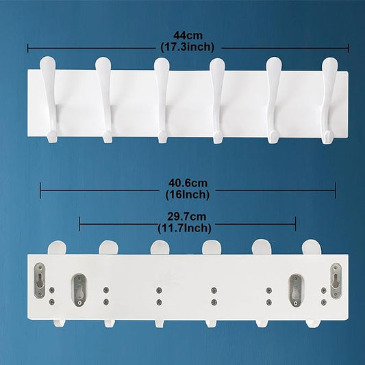 SKOLOO Coat Rack Wall Mount - Wooden White Wall Coat Hook, Wall Coat Hanger Rack with 6 Hooks for Hanging Coats, Hats, Clothing, Scarfs, White