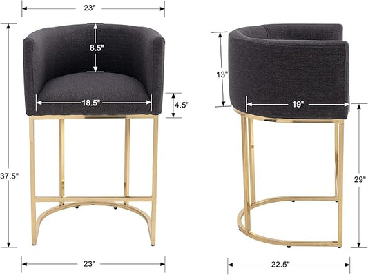 Modern Counter Height Linen Upholstered Bar Stools Set of 2, 29" Kitchen Counter Island Stools Bar Chairs with Gold Metal Frame for Kitchen Island, Charcoal
