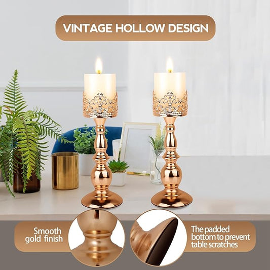 Candle Holders for Pillar Candles Gothic Matte Black Vintage Tall Candle Holders Set of 2 Decorative Large Table Centerpieces Candle Stand Decor (Gold 2PCS A)