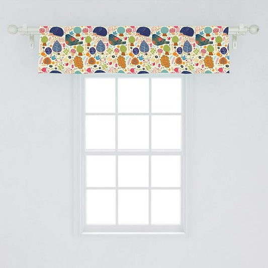 Lunarable Fall Window Valance, Hedgehog Pigeon and Mushroom with Autumn Season Themed Forest Design Falling Leaves, Curtain Valance for Kitchen Bedroom Decor with Rod Pocket, 54" X 12", Navy Beige