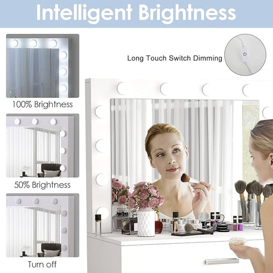 Vanity Table Set with Lighted Mirror - Makeup Vanity with Lights, Adjustable Brightness, Large Drawer Sturdy Wood Vanity, White 80x40x140cm