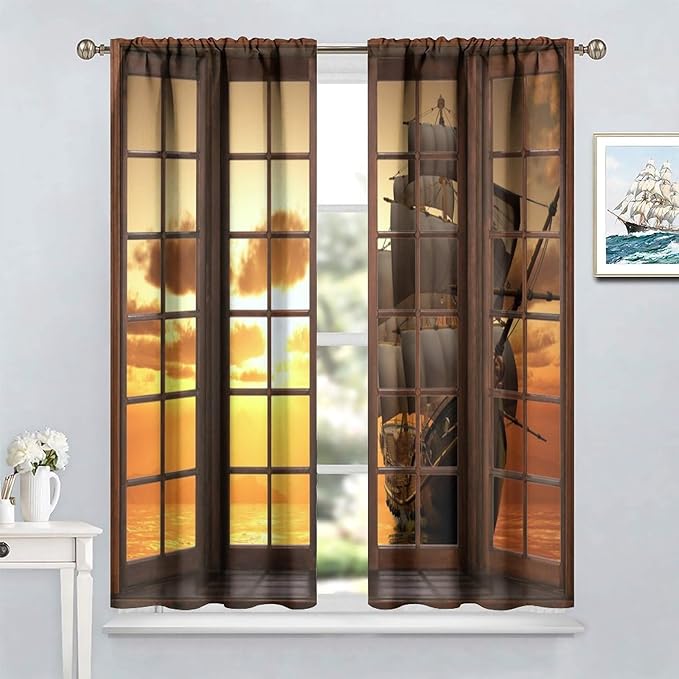 Retro Ship Curtains, Window View Sailing Boat Ship Schooner, Nautical Style Ocean Sunset Landscape Print Blackout Window Drapes for Boys Bedroom Living Room 84x84in