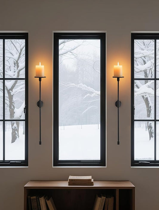 Sziqiqi Wall Candle Holder Black: Metal Candle Sconces for Pillar Candlestick Modern Wall Mount Candleholders Set of 2 - Long Candlestick Sconce Decor for Living Room Bedroom Bathroom Fireplace