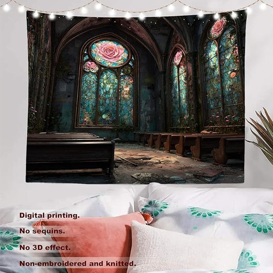 Batmerry Abandoned Chapel Tapestry, Stained Glass Roses Broken Pews Wall Art Hanging Decoration Polyester Fiber White Ruffled Around for Dorm Room Bedroom Living Room, 51.2x59.1 inches